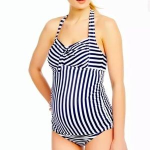 Motherhood maternity beach bump blue and white striped tankini swim top S